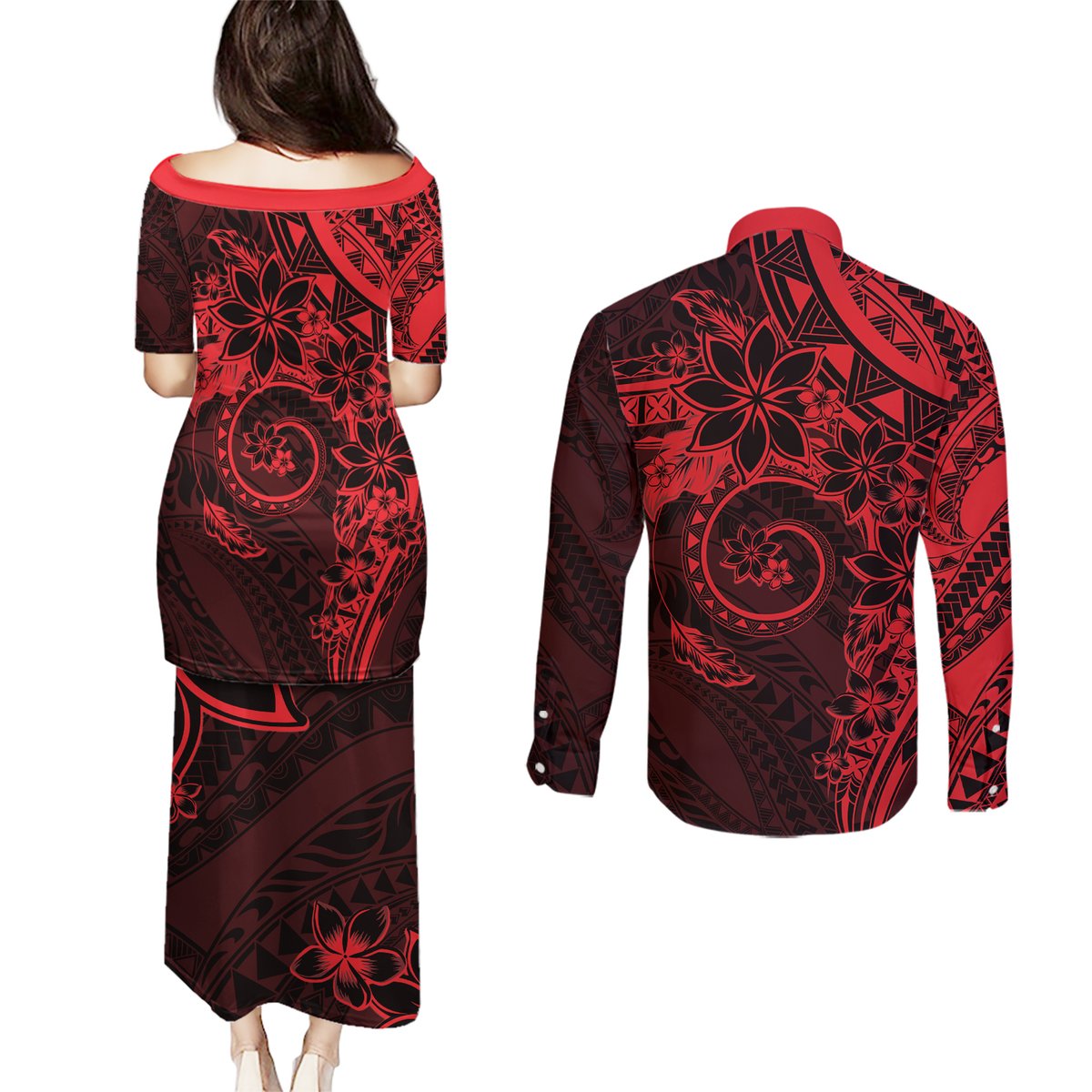 Polynesian Sunset Plumeria Couples Matching Puletasi and Long Sleeve Button Shirt Red Polynesian Tattoo LT05 - Polynesian Pride