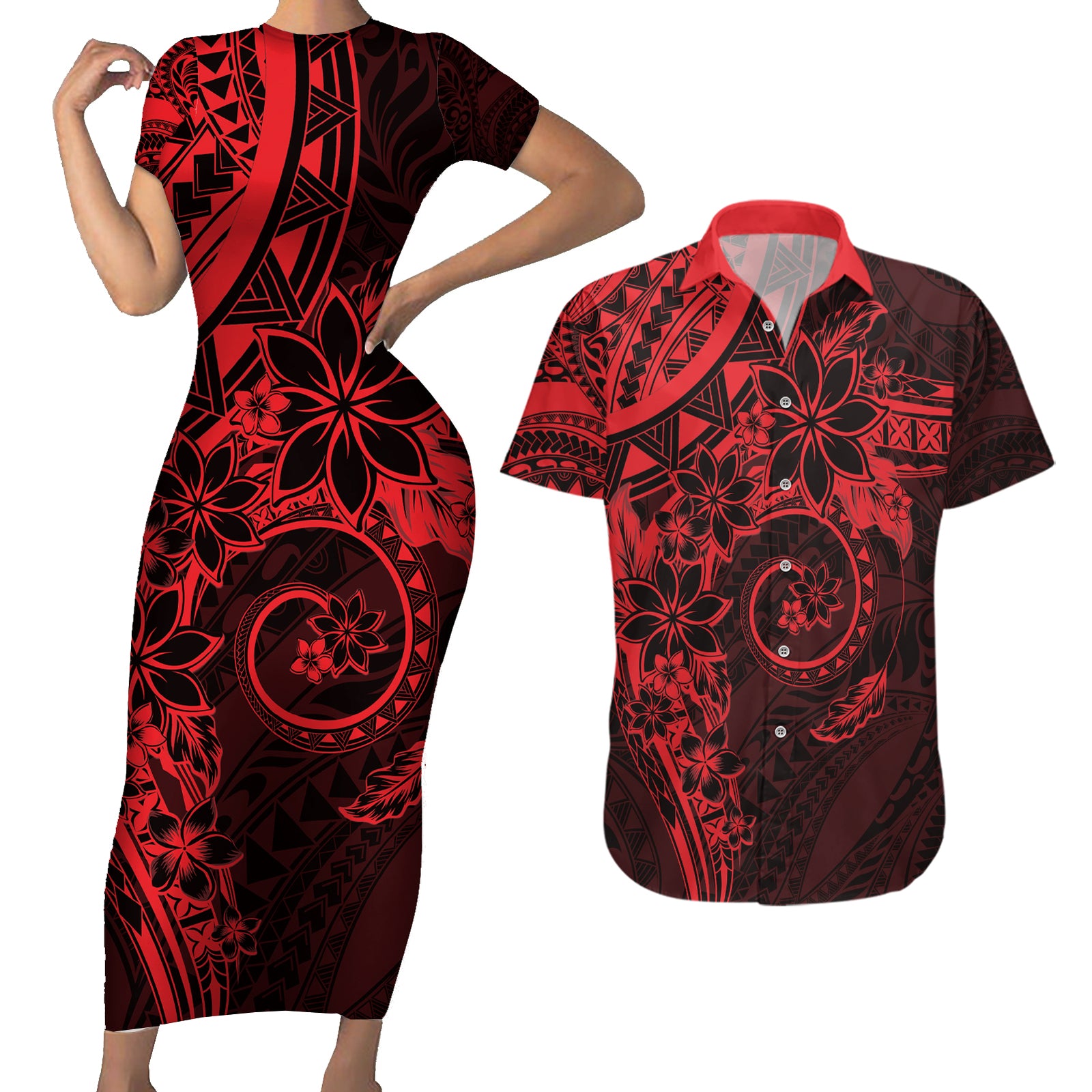 Polynesian Sunset Plumeria Couples Matching Short Sleeve Bodycon Dress and Hawaiian Shirt Red Polynesian Tattoo LT05 Red - Polynesian Pride