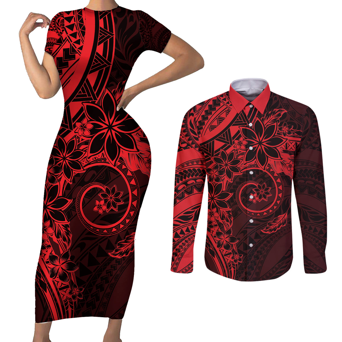 Polynesian Sunset Plumeria Couples Matching Short Sleeve Bodycon Dress and Long Sleeve Button Shirt Red Polynesian Tattoo