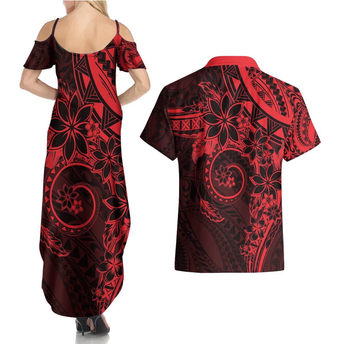 Polynesian Sunset Plumeria Couples Matching Summer Maxi Dress and Hawaiian Shirt Red Polynesian Tattoo LT05 - Polynesian Pride