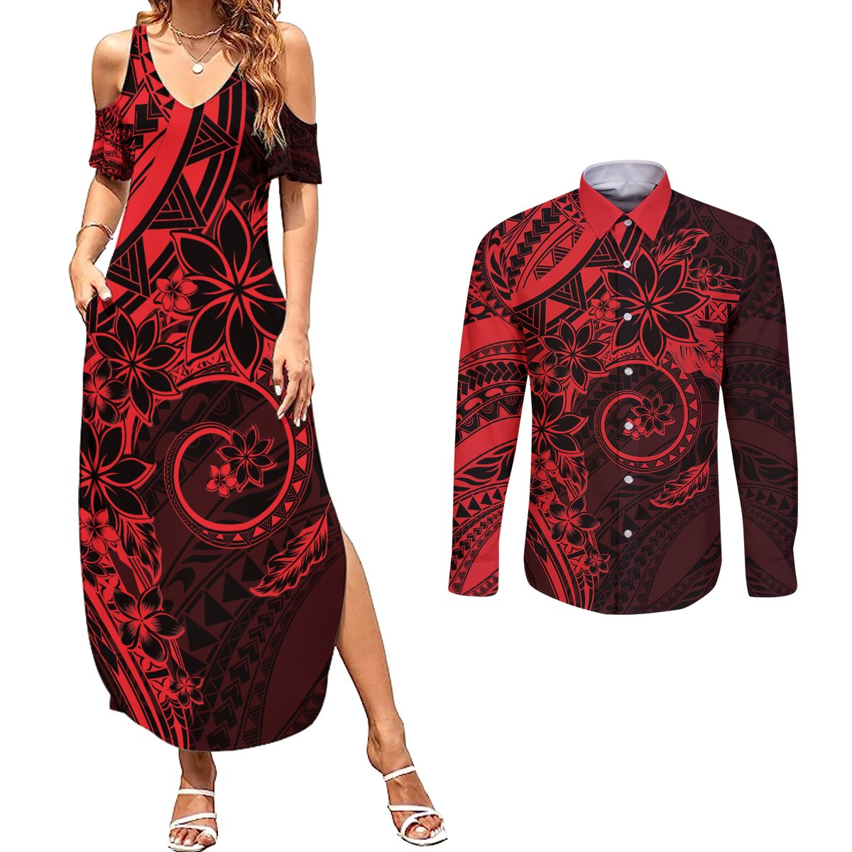 Polynesian Sunset Plumeria Couples Matching Summer Maxi Dress and Long Sleeve Button Shirt Red Polynesian Tattoo LT05 Red - Polynesian Pride