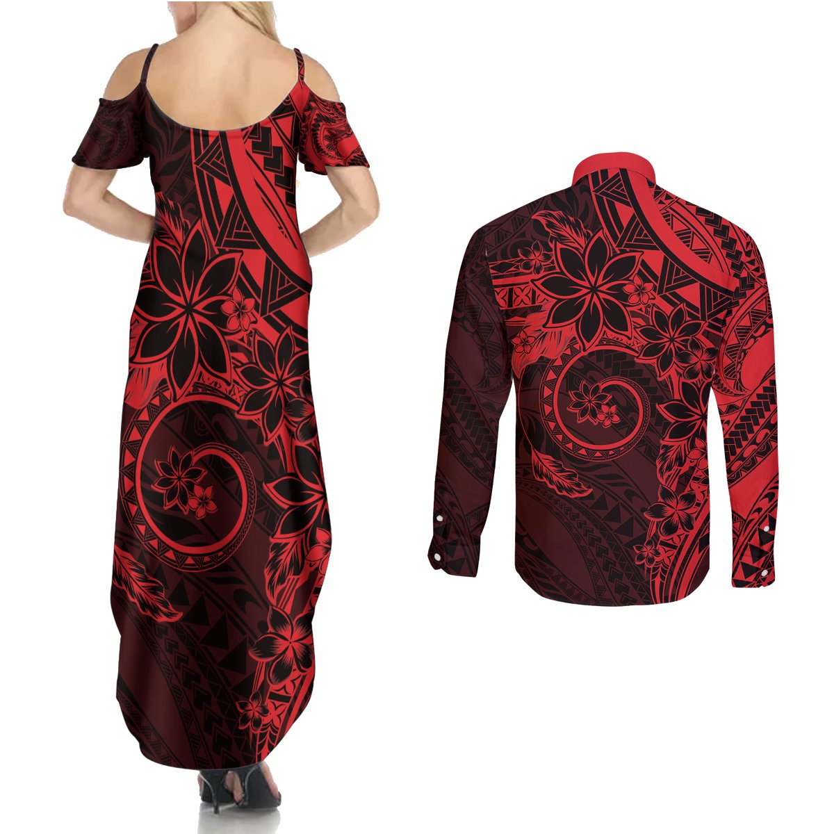 Polynesian Sunset Plumeria Couples Matching Summer Maxi Dress and Long Sleeve Button Shirt Red Polynesian Tattoo LT05 - Polynesian Pride