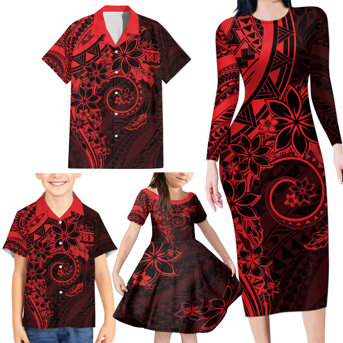 Polynesian Sunset Plumeria Family Matching Long Sleeve Bodycon Dress and Hawaiian Shirt Red Polynesian Tattoo