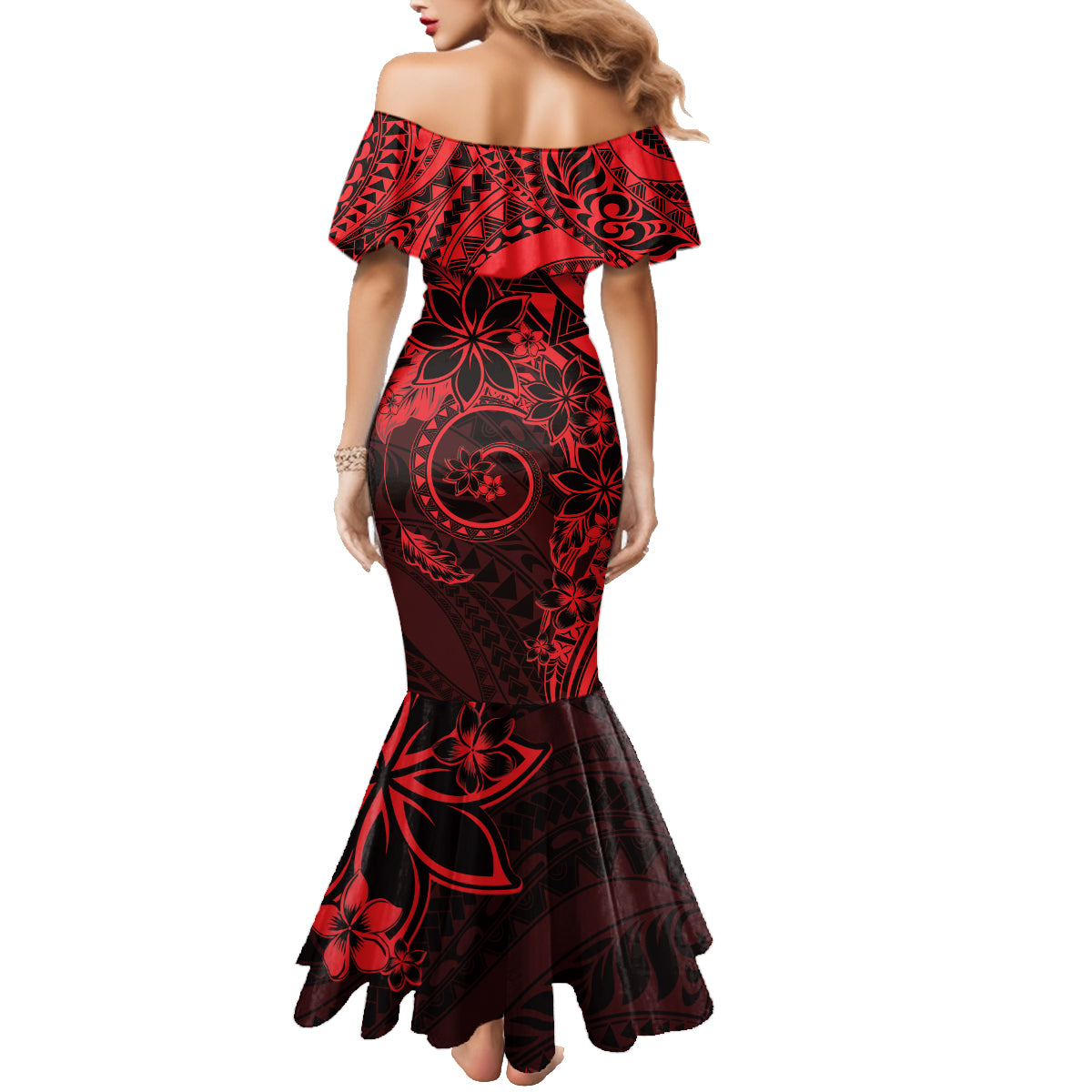 Polynesian Sunset Plumeria Family Matching Mermaid Dress and Hawaiian Shirt Red Polynesian Tattoo
