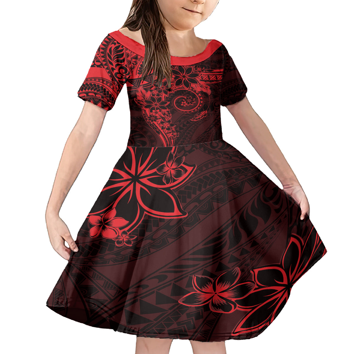 Polynesian Sunset Plumeria Family Matching Off The Shoulder Long Sleeve Dress and Hawaiian Shirt Red Polynesian Tattoo LT05 Daughter's Dress Red - Polynesian Pride