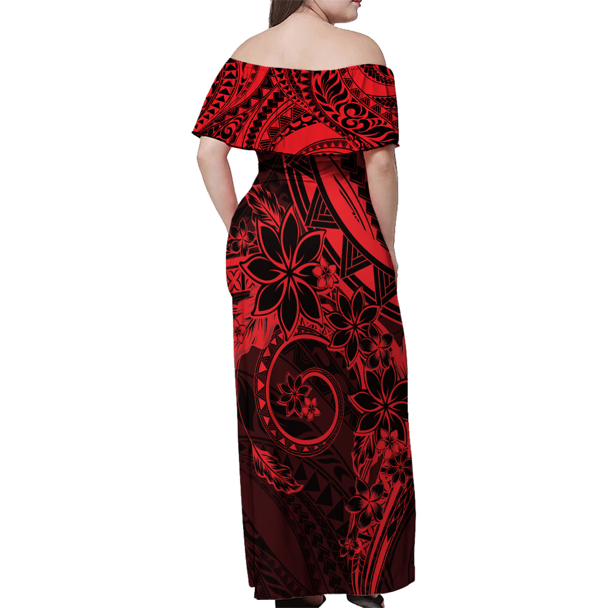 Polynesian Sunset Plumeria Family Matching Off Shoulder Maxi Dress and Hawaiian Shirt Red Polynesian Tattoo