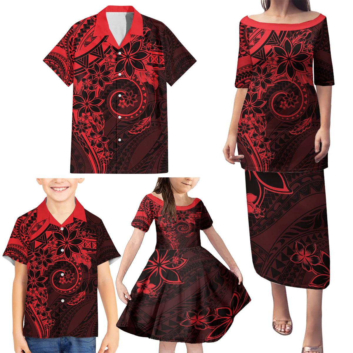 Polynesian Sunset Plumeria Family Matching Puletasi and Hawaiian Shirt Red Polynesian Tattoo