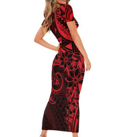 Polynesian Sunset Plumeria Family Matching Short Sleeve Bodycon Dress and Hawaiian Shirt Red Polynesian Tattoo