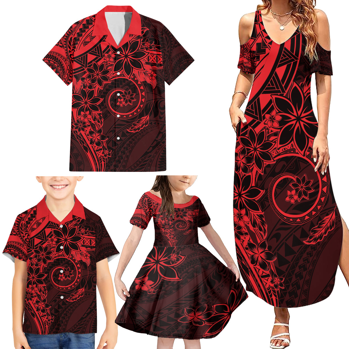 Polynesian Sunset Plumeria Family Matching Summer Maxi Dress and Hawaiian Shirt Red Polynesian Tattoo