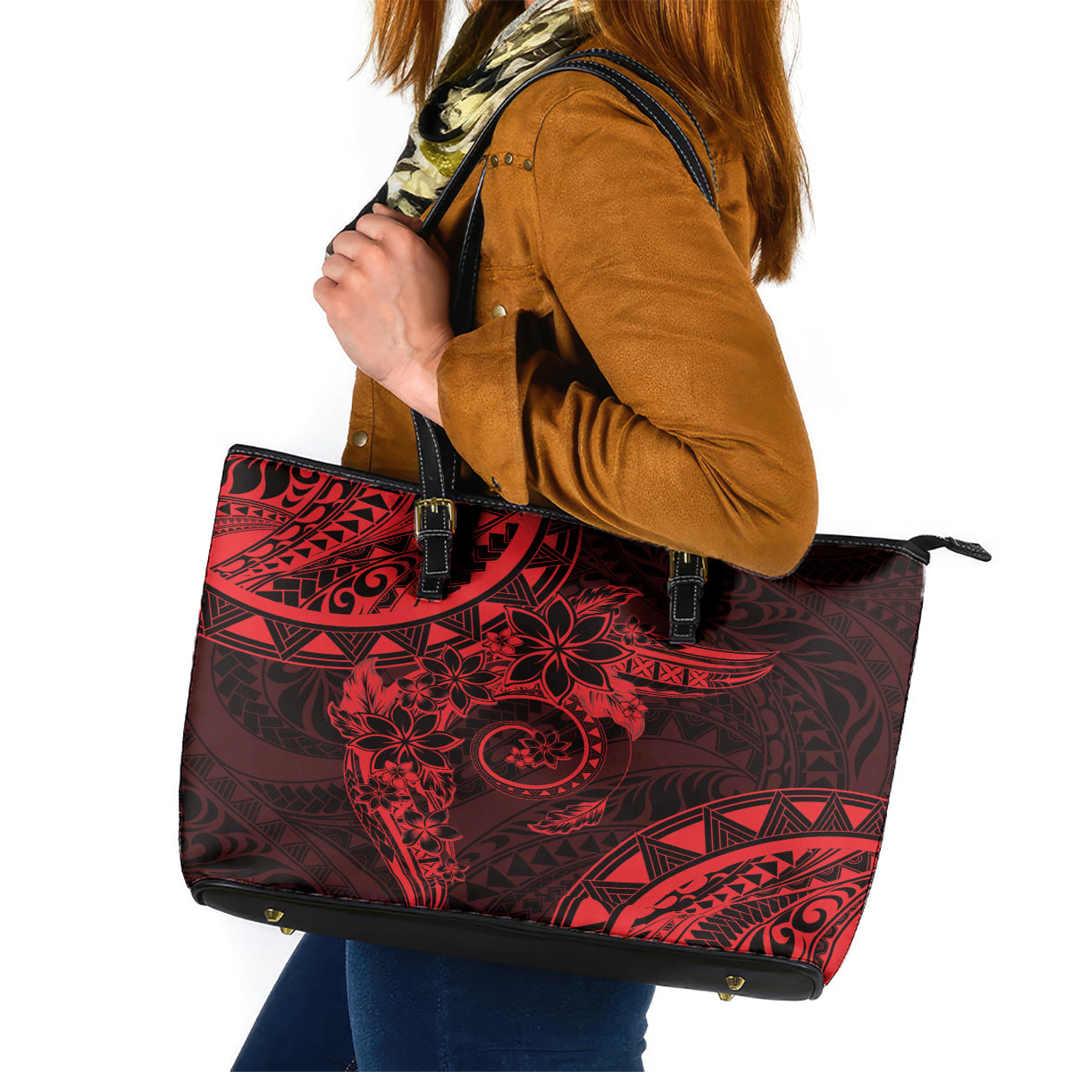 Polynesian Sunset Plumeria Leather Tote Bag Red Polynesian Tattoo LT05 Red - Polynesian Pride