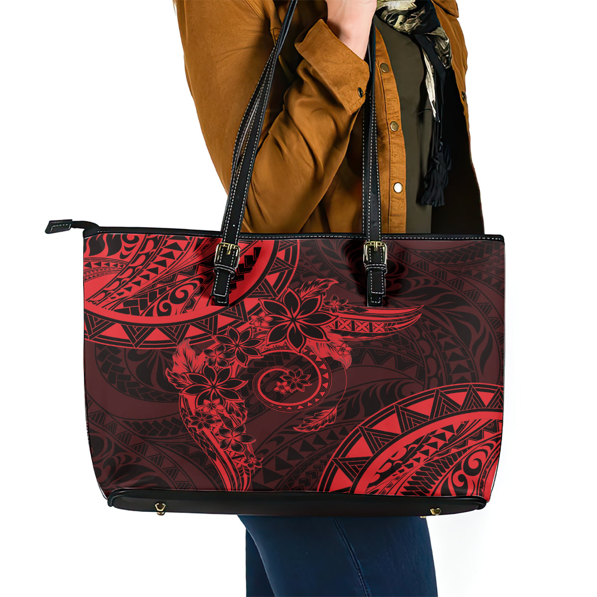 Polynesian Sunset Plumeria Leather Tote Bag Red Polynesian Tattoo LT05 - Polynesian Pride