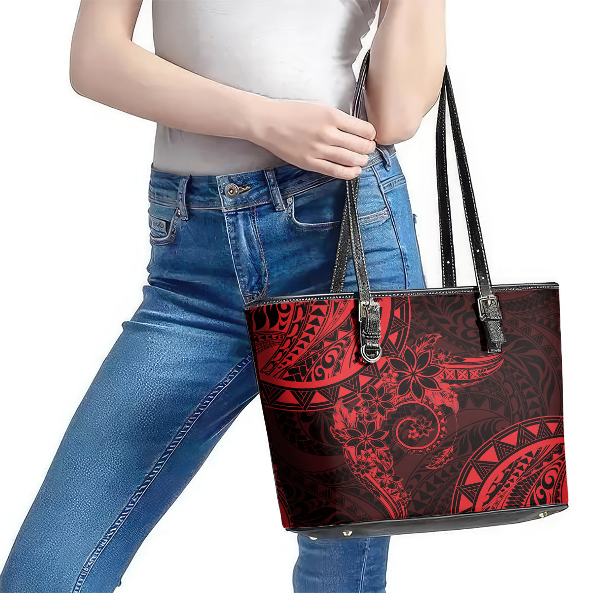 Polynesian Sunset Plumeria Leather Tote Bag Red Polynesian Tattoo LT05 - Polynesian Pride