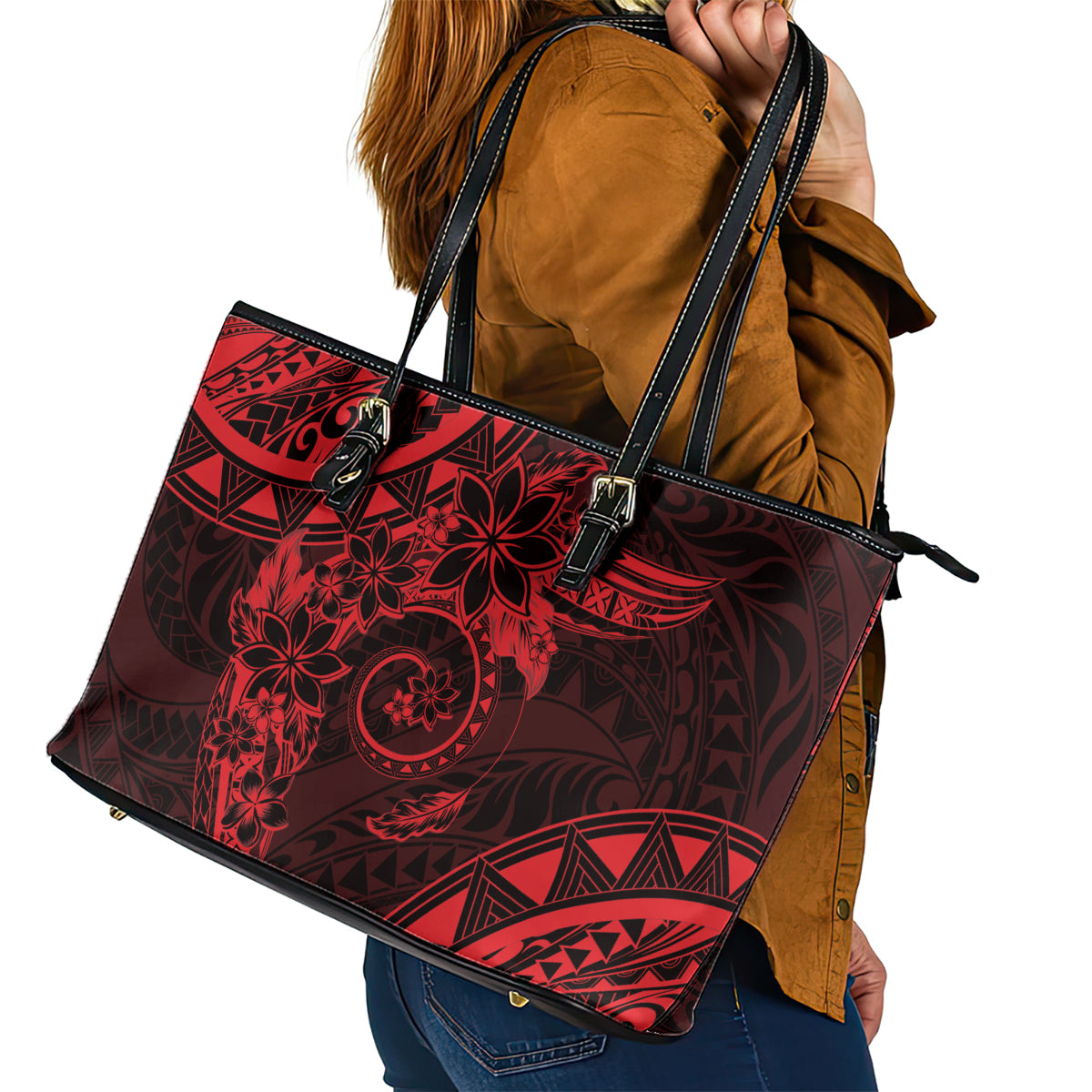 Polynesian Sunset Plumeria Leather Tote Bag Red Polynesian Tattoo LT05 - Polynesian Pride