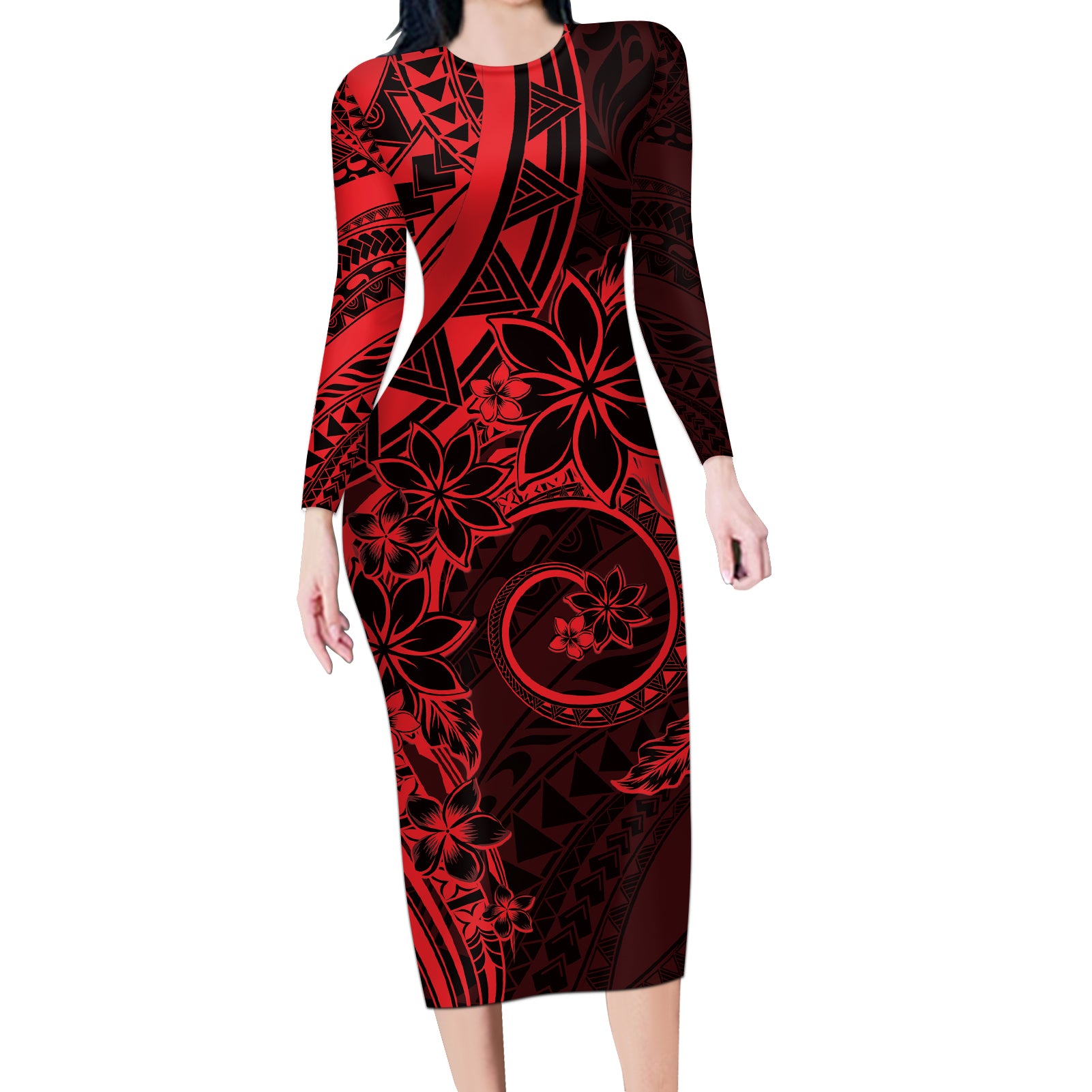 Polynesian Sunset Plumeria Long Sleeve Bodycon Dress Red Polynesian Tattoo