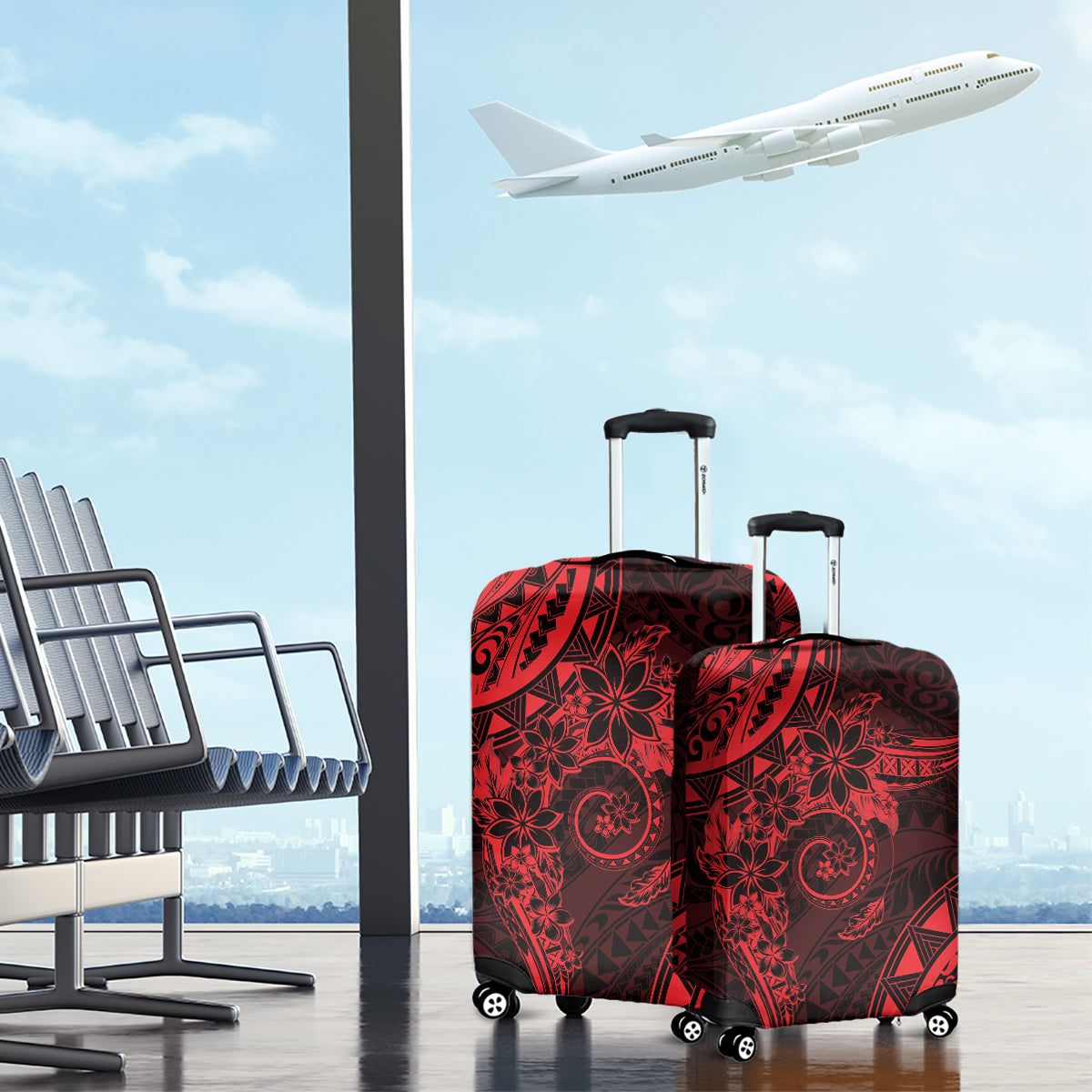 Polynesian Sunset Plumeria Luggage Cover Red Polynesian Tattoo
