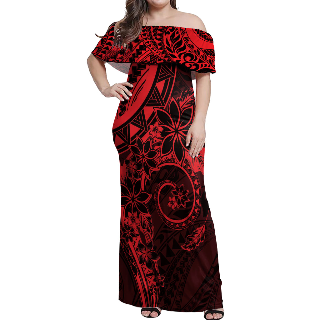 Polynesian Sunset Plumeria Off Shoulder Maxi Dress Red Polynesian Tattoo LT05 Women Red - Polynesian Pride