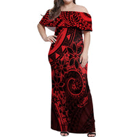 Polynesian Sunset Plumeria Off Shoulder Maxi Dress Red Polynesian Tattoo LT05 Women Red - Polynesian Pride