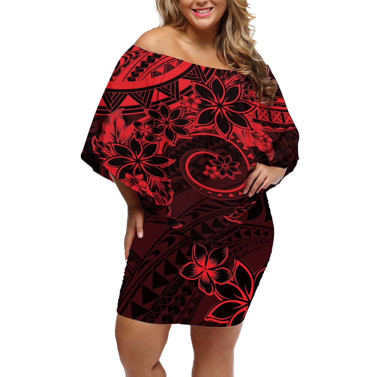 Polynesian Sunset Plumeria Off Shoulder Short Dress Red Polynesian Tattoo LT05 Women Red - Polynesian Pride