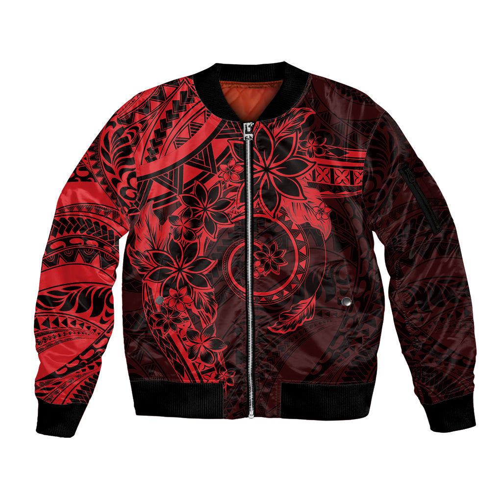 Polynesian Sunset Plumeria Sleeve Zip Bomber Jacket Red Polynesian Tattoo LT05 Unisex Red - Polynesian Pride