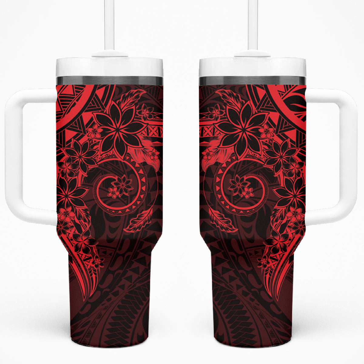 Red Polynesian Pattern With Plumeria Flowers Tumbler With Handle