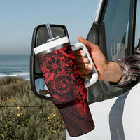 Red Polynesian Pattern With Plumeria Flowers Tumbler With Handle