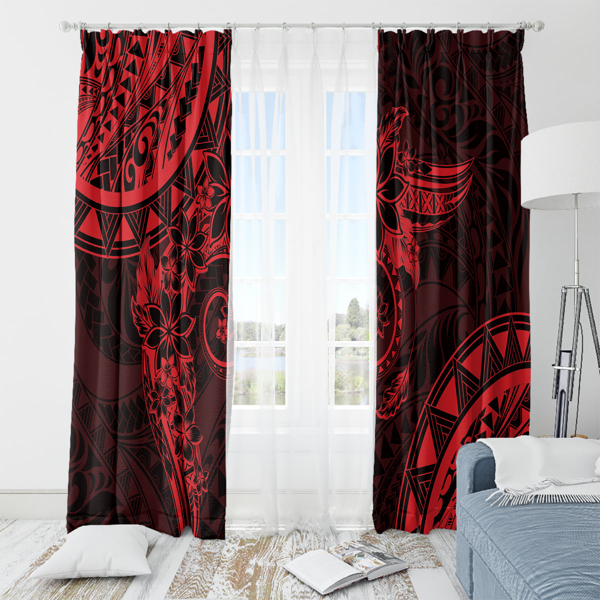 Polynesian Sunset Plumeria Window Curtain Red Polynesian Tattoo LT05 - Polynesian Pride