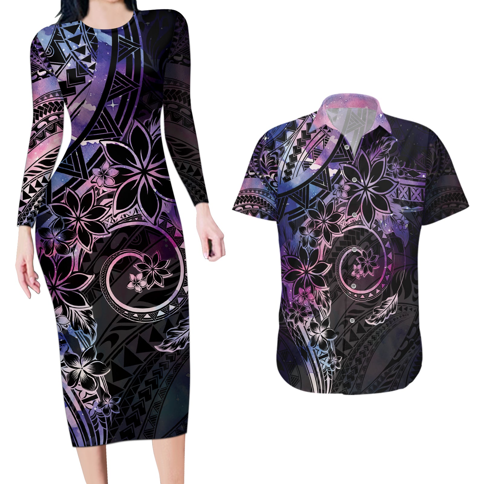 Polynesian Sunset Plumeria Couples Matching Long Sleeve Bodycon Dress and Hawaiian Shirt Galaxy Polynesian Tattoo