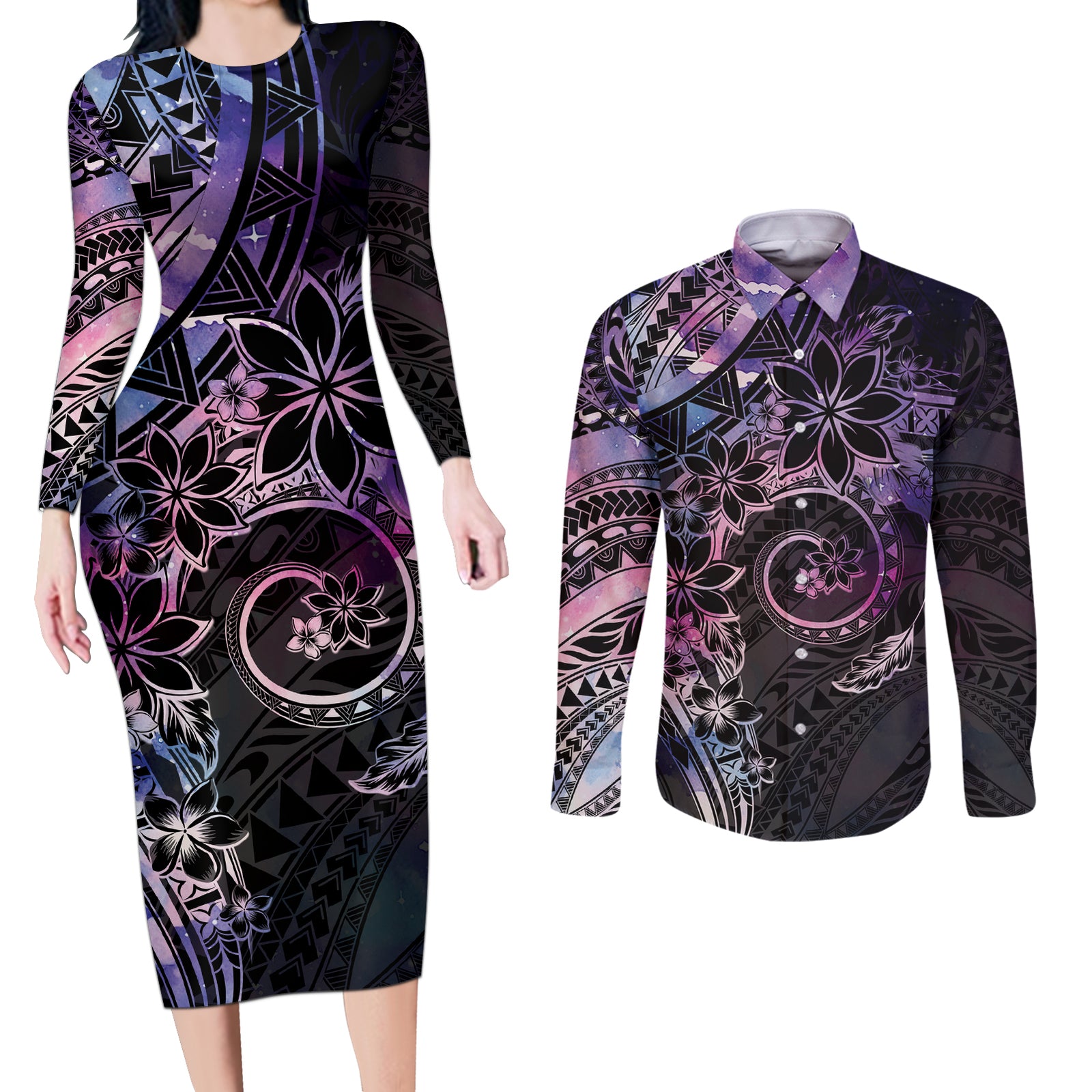 Polynesian Sunset Plumeria Couples Matching Long Sleeve Bodycon Dress and Long Sleeve Button Shirt Galaxy Polynesian Tattoo LT05 Galaxy - Polynesian Pride
