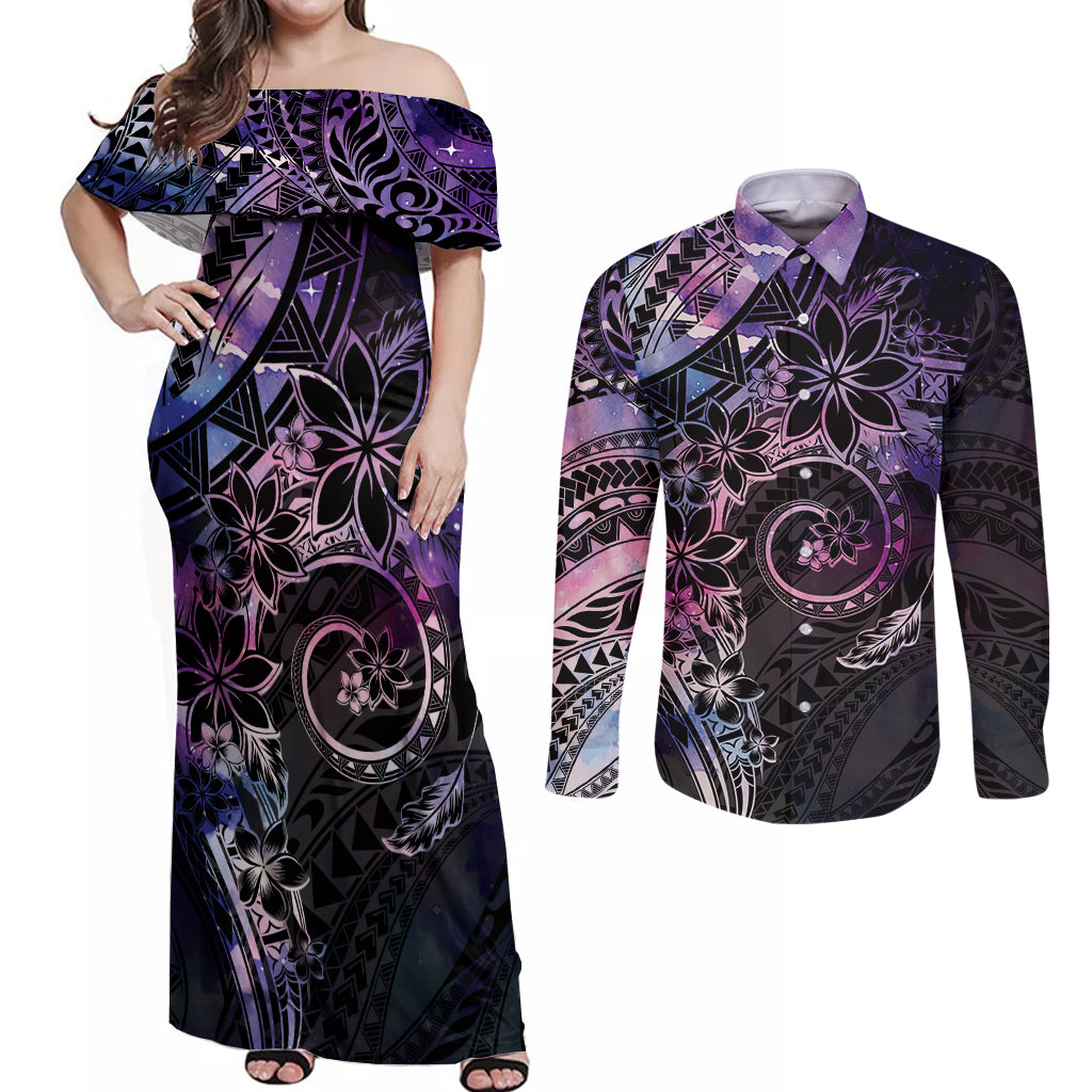 Polynesian Sunset Plumeria Couples Matching Off Shoulder Maxi Dress and Long Sleeve Button Shirt Galaxy Polynesian Tattoo LT05 Galaxy - Polynesian Pride