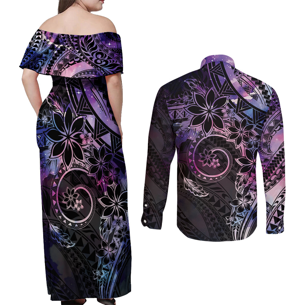Polynesian Sunset Plumeria Couples Matching Off Shoulder Maxi Dress and Long Sleeve Button Shirt Galaxy Polynesian Tattoo LT05 - Polynesian Pride