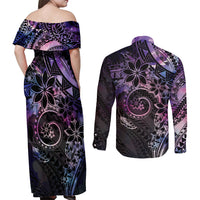 Polynesian Sunset Plumeria Couples Matching Off Shoulder Maxi Dress and Long Sleeve Button Shirt Galaxy Polynesian Tattoo LT05 - Polynesian Pride