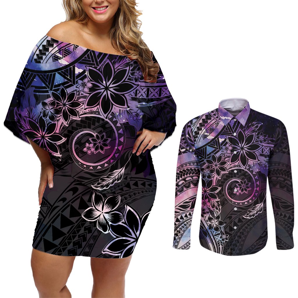 Polynesian Sunset Plumeria Couples Matching Off Shoulder Short Dress and Long Sleeve Button Shirt Galaxy Polynesian Tattoo LT05 Galaxy - Polynesian Pride