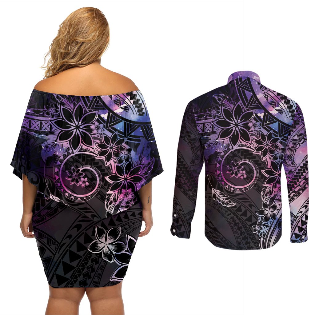 Polynesian Sunset Plumeria Couples Matching Off Shoulder Short Dress and Long Sleeve Button Shirt Galaxy Polynesian Tattoo LT05 - Polynesian Pride