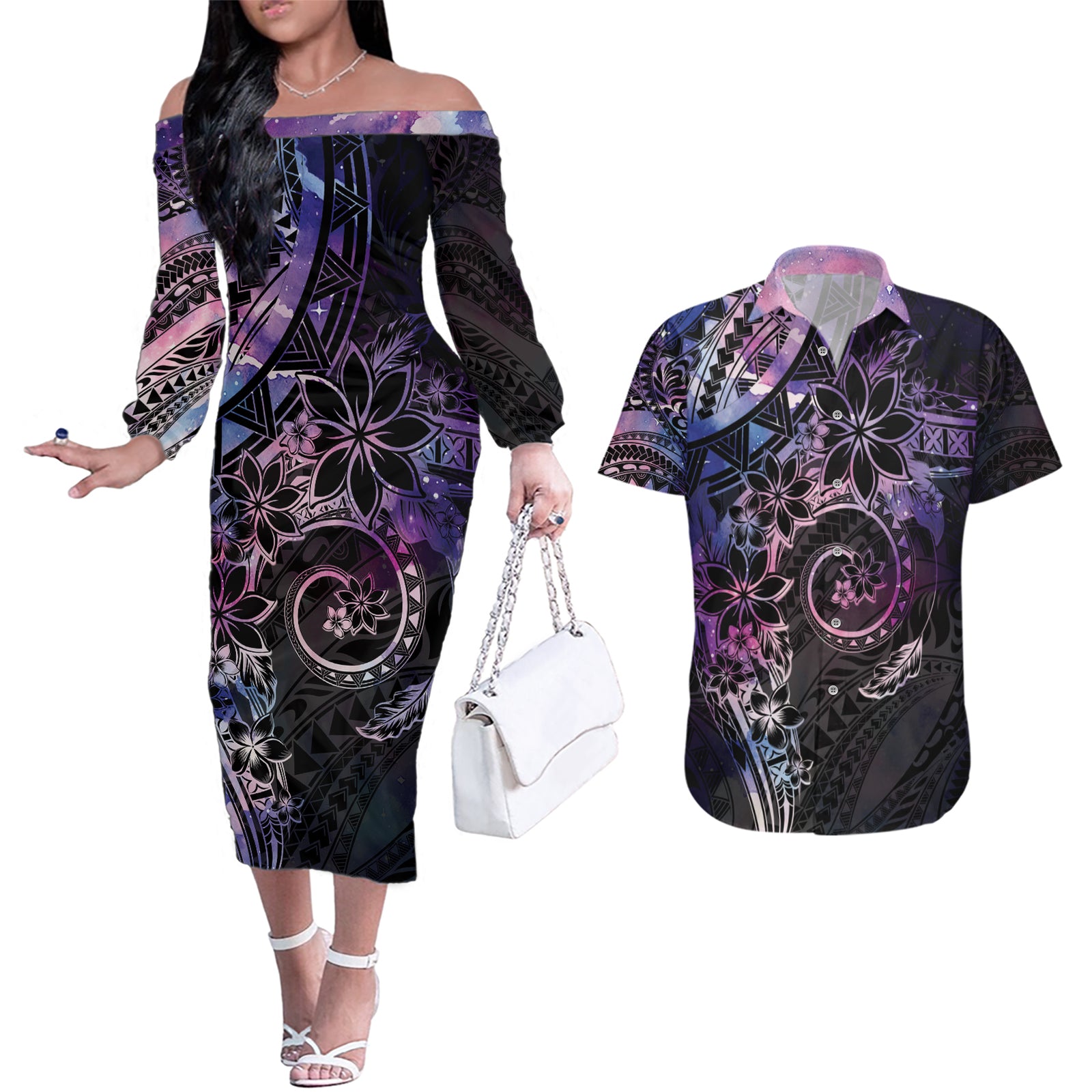 Polynesian Sunset Plumeria Couples Matching Off The Shoulder Long Sleeve Dress and Hawaiian Shirt Galaxy Polynesian Tattoo LT05 Galaxy - Polynesian Pride