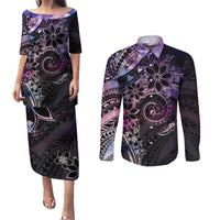 Polynesian Sunset Plumeria Couples Matching Puletasi and Long Sleeve Button Shirt Galaxy Polynesian Tattoo