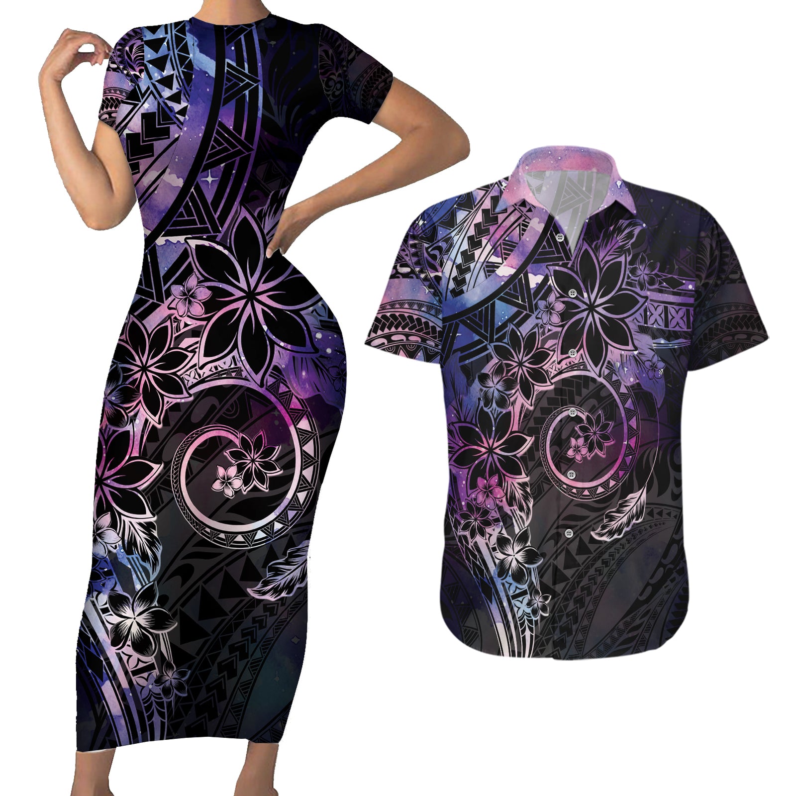 Polynesian Sunset Plumeria Couples Matching Short Sleeve Bodycon Dress and Hawaiian Shirt Galaxy Polynesian Tattoo LT05 Galaxy - Polynesian Pride
