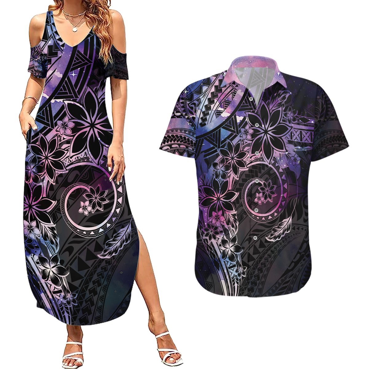Polynesian Sunset Plumeria Couples Matching Summer Maxi Dress and Hawaiian Shirt Galaxy Polynesian Tattoo LT05 Galaxy - Polynesian Pride