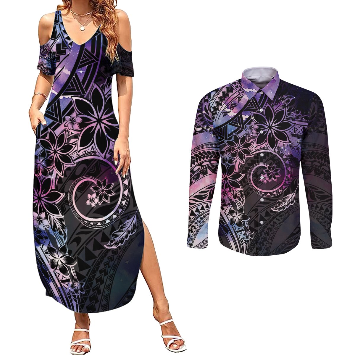 Polynesian Sunset Plumeria Couples Matching Summer Maxi Dress and Long Sleeve Button Shirt Galaxy Polynesian Tattoo LT05 Galaxy - Polynesian Pride