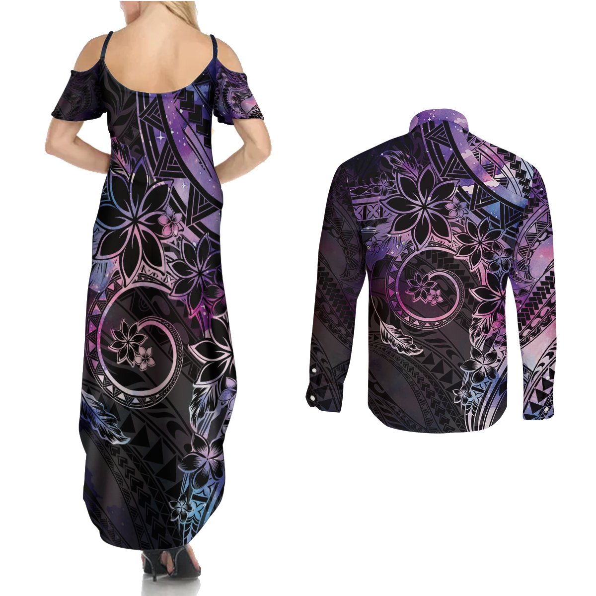 Polynesian Sunset Plumeria Couples Matching Summer Maxi Dress and Long Sleeve Button Shirt Galaxy Polynesian Tattoo LT05 - Polynesian Pride