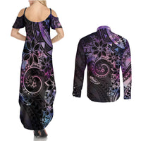 Polynesian Sunset Plumeria Couples Matching Summer Maxi Dress and Long Sleeve Button Shirt Galaxy Polynesian Tattoo LT05 - Polynesian Pride