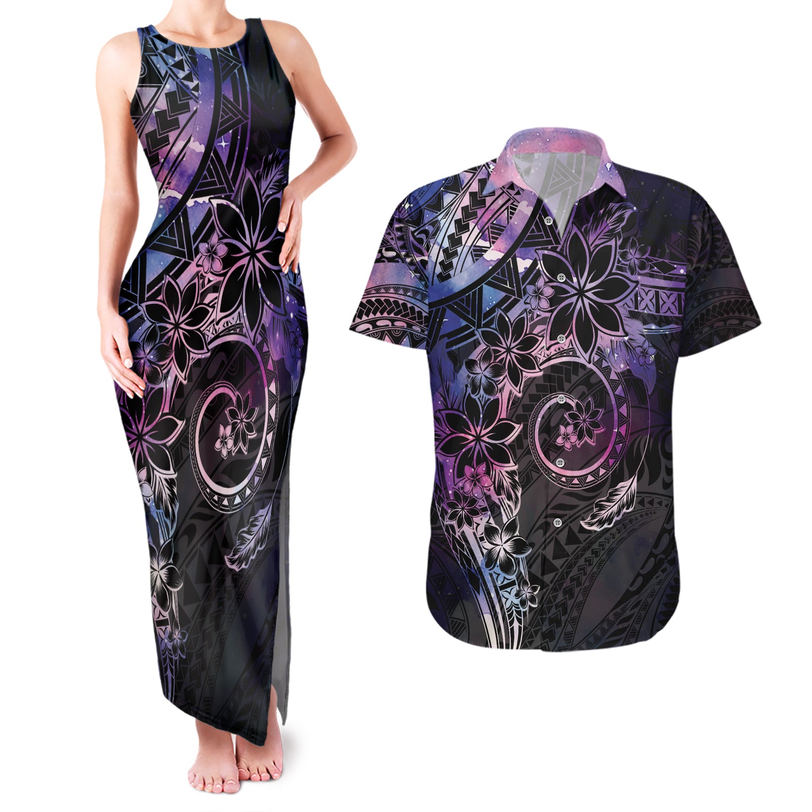 Polynesian Sunset Plumeria Couples Matching Tank Maxi Dress and Hawaiian Shirt Galaxy Polynesian Tattoo LT05 Galaxy - Polynesian Pride