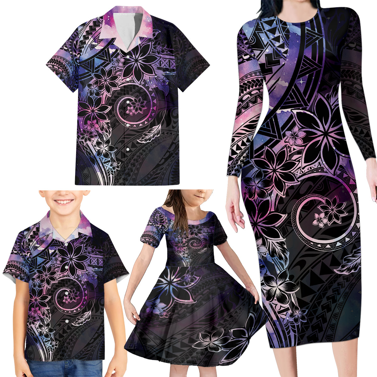 Polynesian Sunset Plumeria Family Matching Long Sleeve Bodycon Dress and Hawaiian Shirt Galaxy Polynesian Tattoo