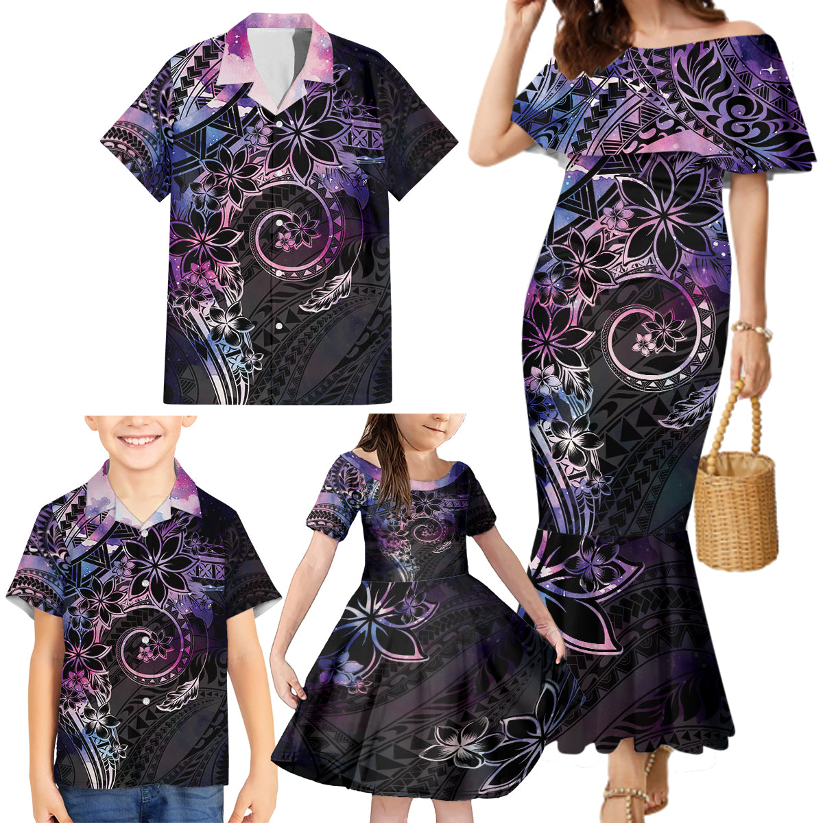 Polynesian Sunset Plumeria Family Matching Mermaid Dress and Hawaiian Shirt Galaxy Polynesian Tattoo