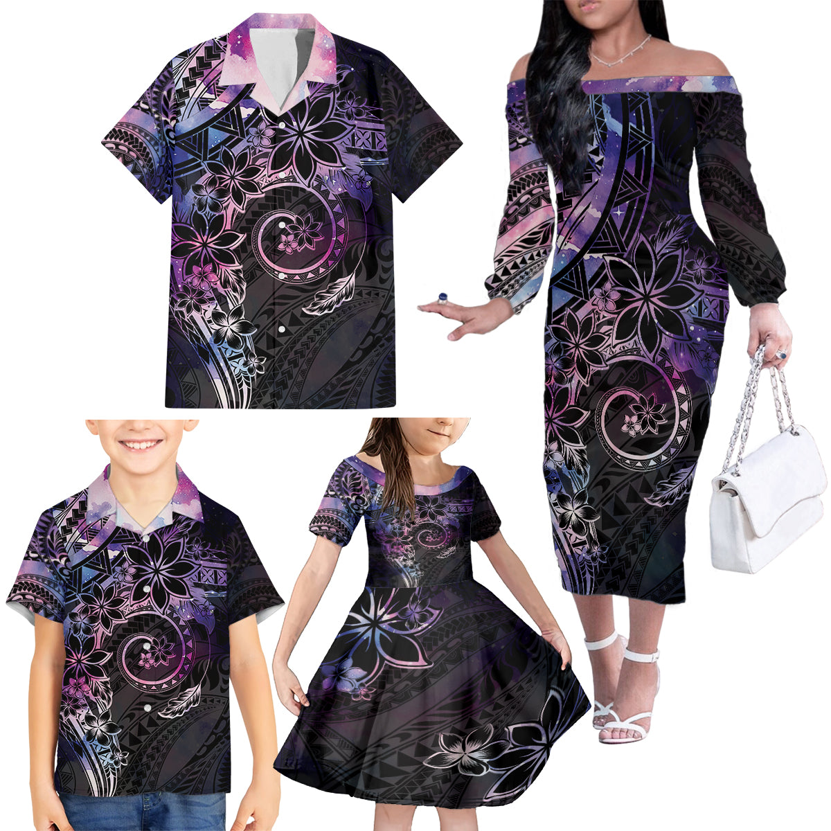 Polynesian Sunset Plumeria Family Matching Off The Shoulder Long Sleeve Dress and Hawaiian Shirt Galaxy Polynesian Tattoo