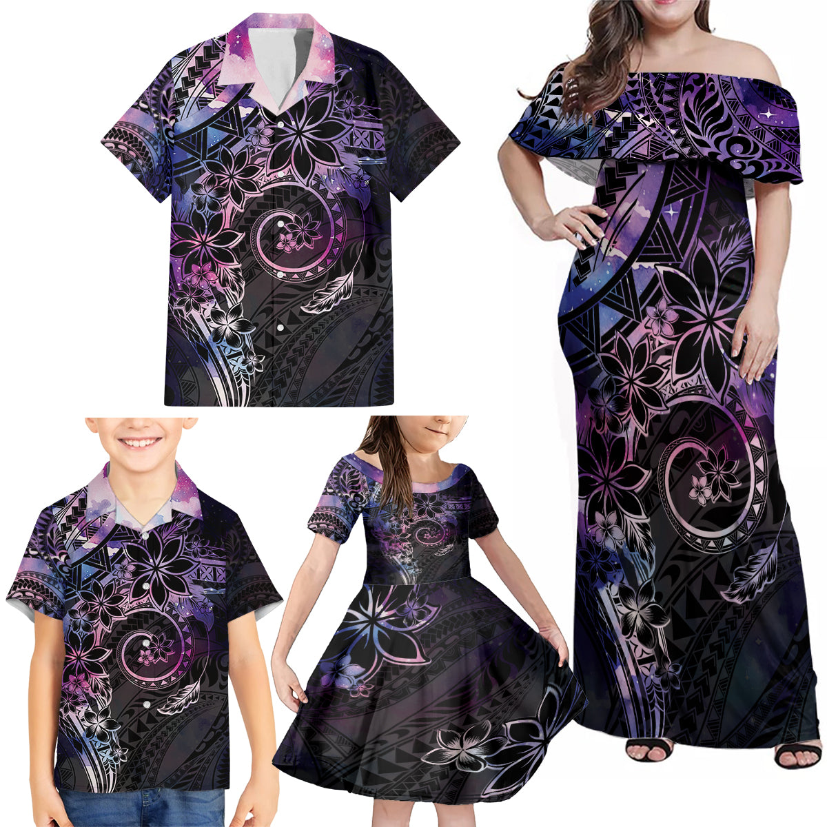 Polynesian Sunset Plumeria Family Matching Off Shoulder Maxi Dress and Hawaiian Shirt Galaxy Polynesian Tattoo