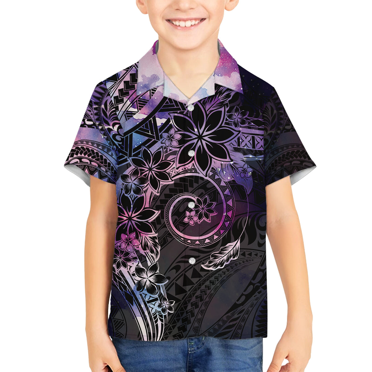 Polynesian Sunset Plumeria Family Matching Off Shoulder Maxi Dress and Hawaiian Shirt Galaxy Polynesian Tattoo