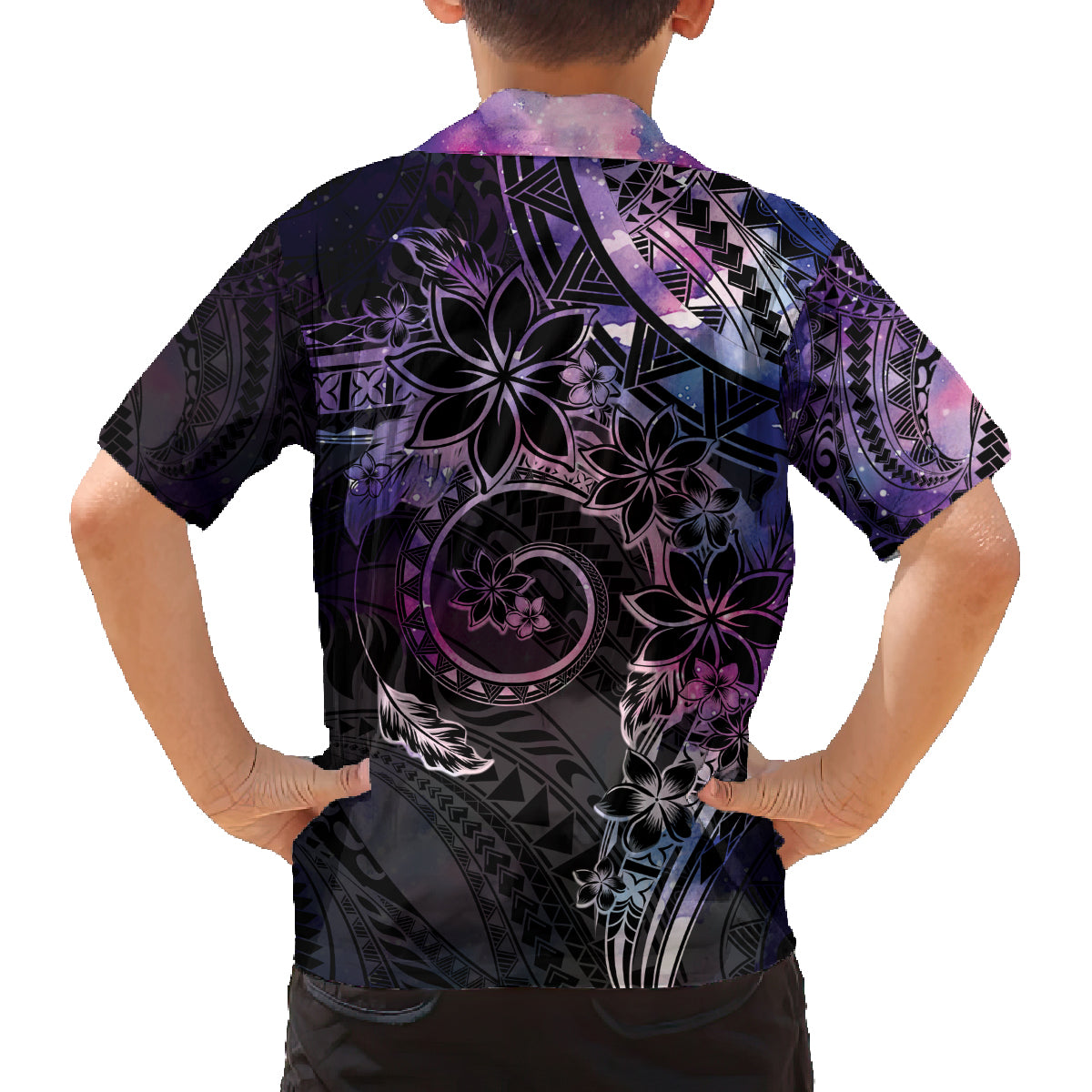 Polynesian Sunset Plumeria Family Matching Off Shoulder Short Dress and Hawaiian Shirt Galaxy Polynesian Tattoo