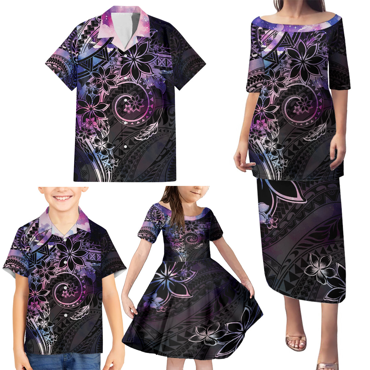 Polynesian Sunset Plumeria Family Matching Puletasi and Hawaiian Shirt Galaxy Polynesian Tattoo