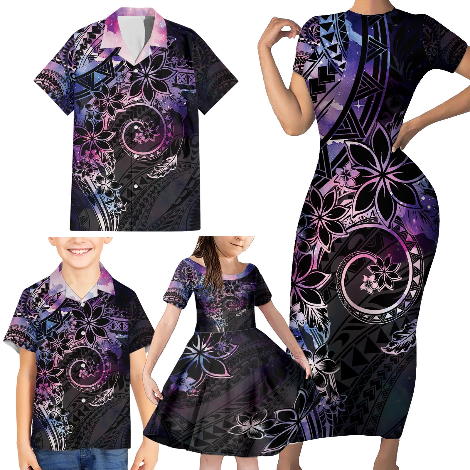 Polynesian Sunset Plumeria Family Matching Short Sleeve Bodycon Dress and Hawaiian Shirt Galaxy Polynesian Tattoo