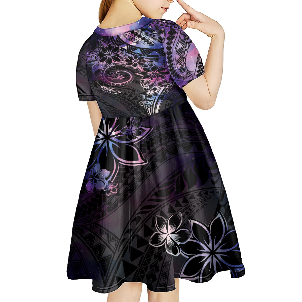Polynesian Sunset Plumeria Kid Short Sleeve Dress Galaxy Polynesian Tattoo